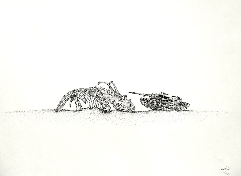 Tank and Triceratops, 1991, ink on paper