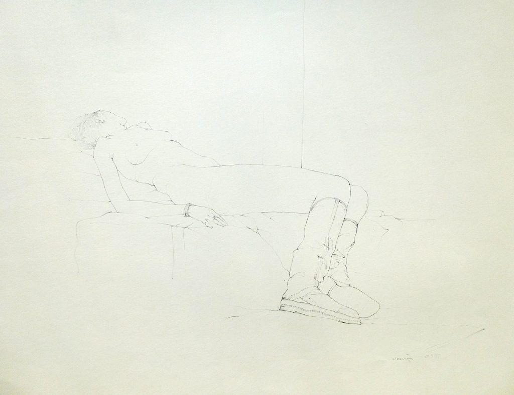 Untitled - Live Drawing (boots looking away), 1977, pencil on paper