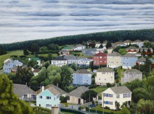View Towards Lookout Point with Helicopter, 2017, acrylic on board, 300 x 400mm