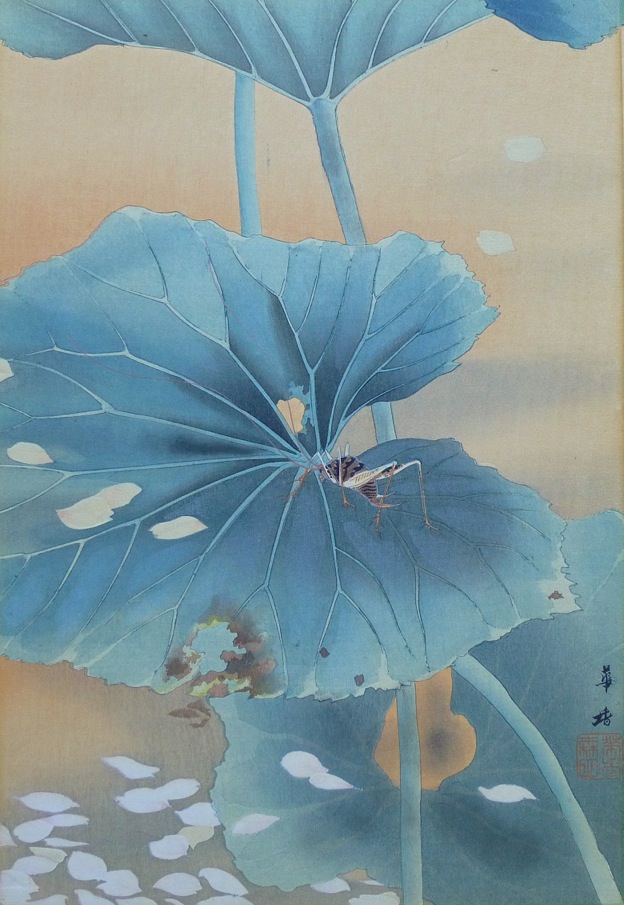 Kako Tsuji - Bush Cricket with Falling Blossoms, c. 1921